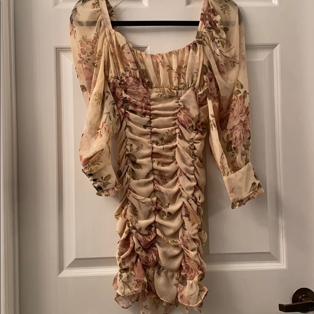Floral chiffon mini dress with sheer sleeves